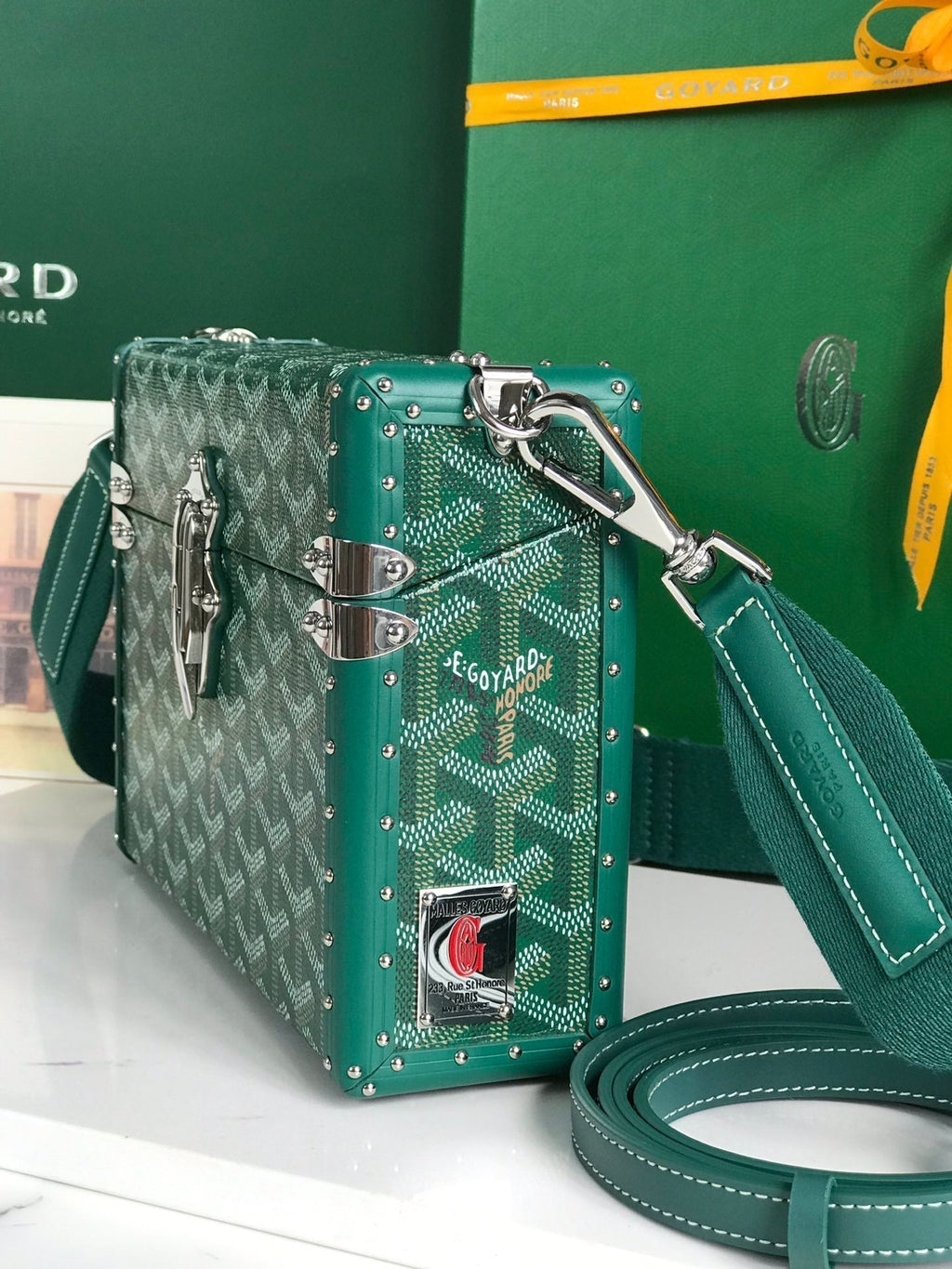 CASSETTE TRUNK BAG 21 IN GREEN GOYARDINE CANVAS & CLAMECY COWHIDE