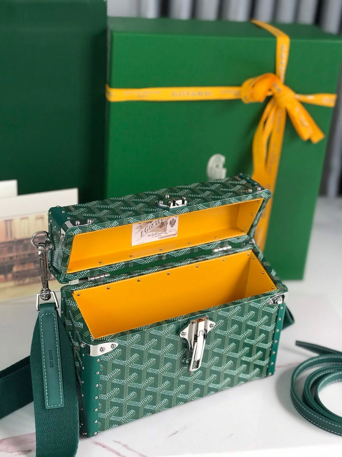 CASSETTE TRUNK BAG 21 IN GREEN GOYARDINE CANVAS & CLAMECY COWHIDE