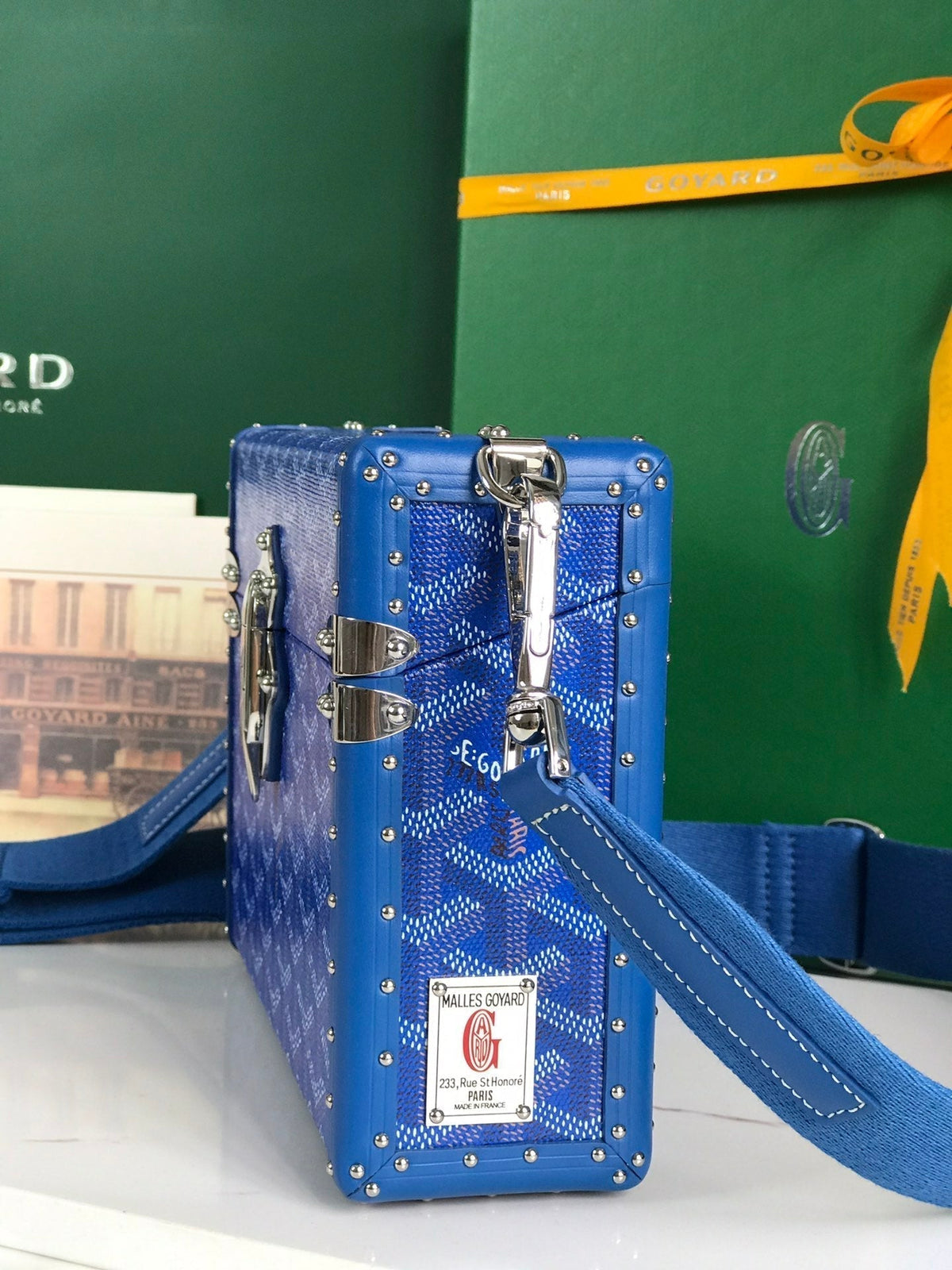 CASSETTE TRUNK BAG 21 IN BLUE GOYARDINE CANVAS & CLAMECY COWHIDE