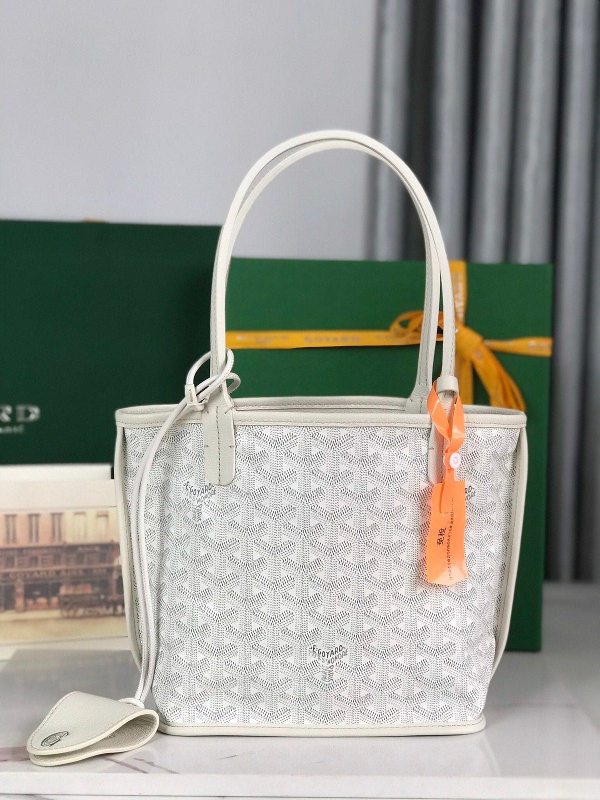 ANJOU MINI BAG 20 IN WHITE CALFSKIN AND GOYARDINE CANVAS
