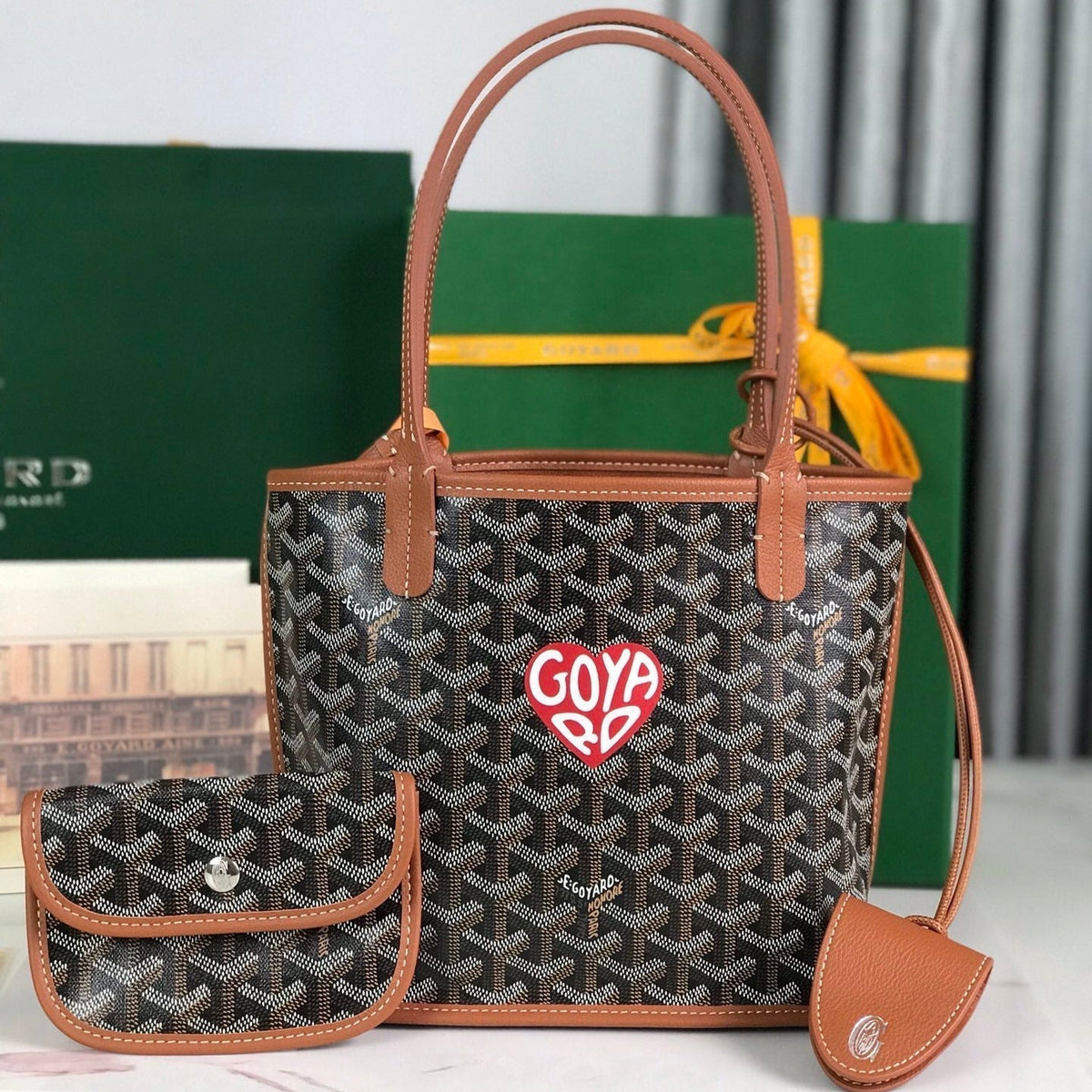 ANJOU MINI BAG 20 IN TAN CALFSKIN AND BLACK GOYARDINE CANVAS