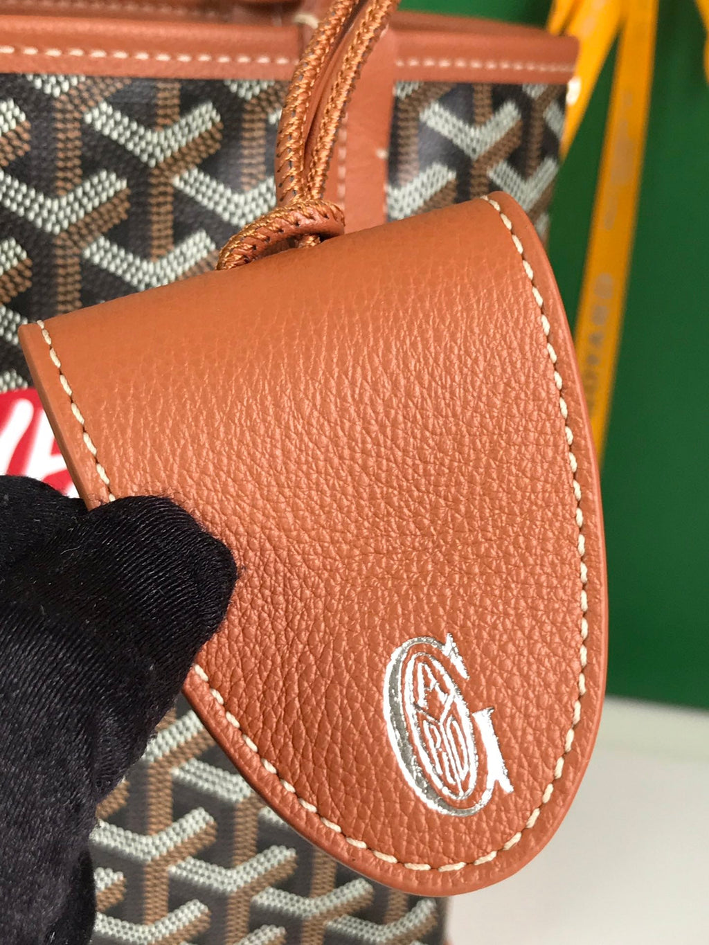 ANJOU MINI BAG 20 IN TAN CALFSKIN AND BLACK GOYARDINE CANVAS