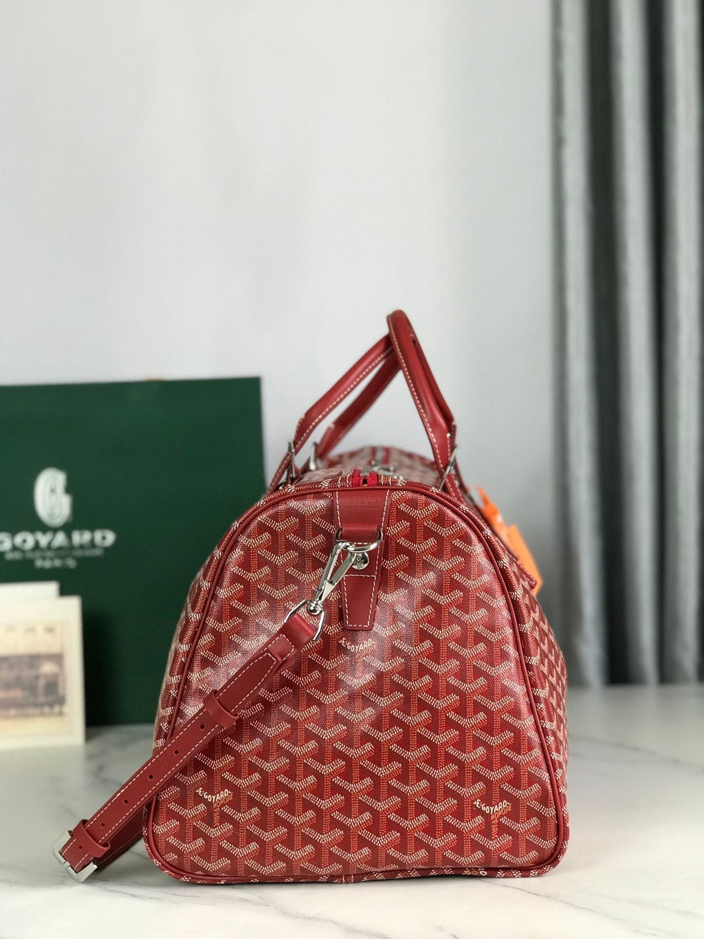 BOSTON 50 BAG IN RED GOYARDINE CANVAS AND CALFSKIN TRIM