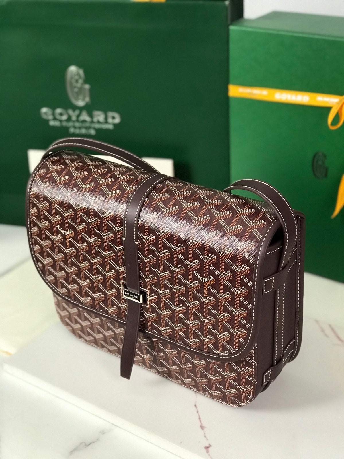 BELVEDERE MM BAG 28 IN BROWN GOYARDINE CANVAS AND CALFSKIN