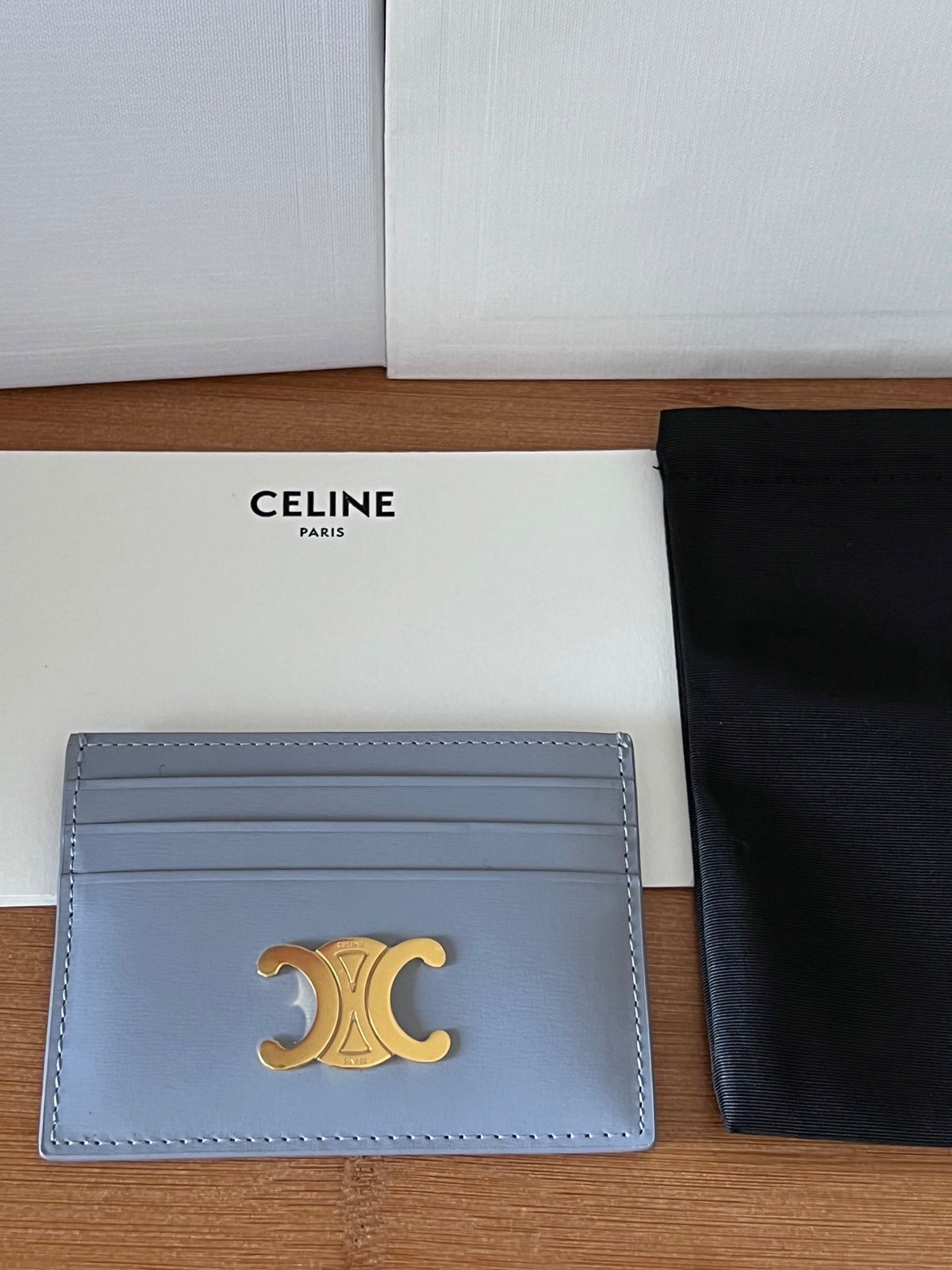 CELINE 25S CARD HOLDER WITH TRIOMPHE LOGO 11 IN LIGHT BLUE GRAY CALFSKIN