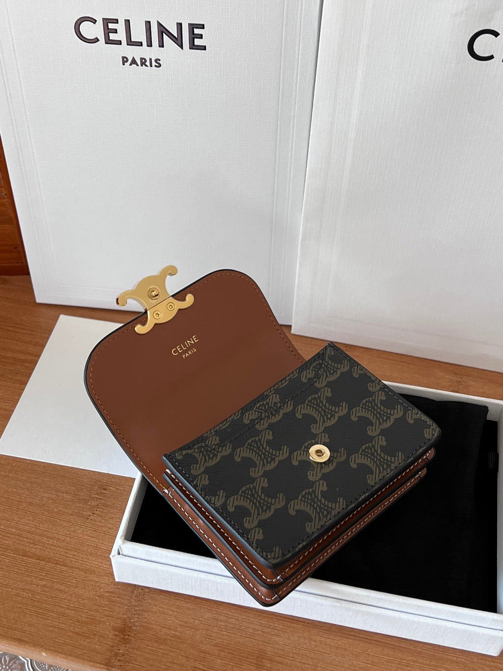 CELINE 25S BUSINESS CARD HOLDER 10 IN TRIOPMHE CANVAS AND CALFSKIN
