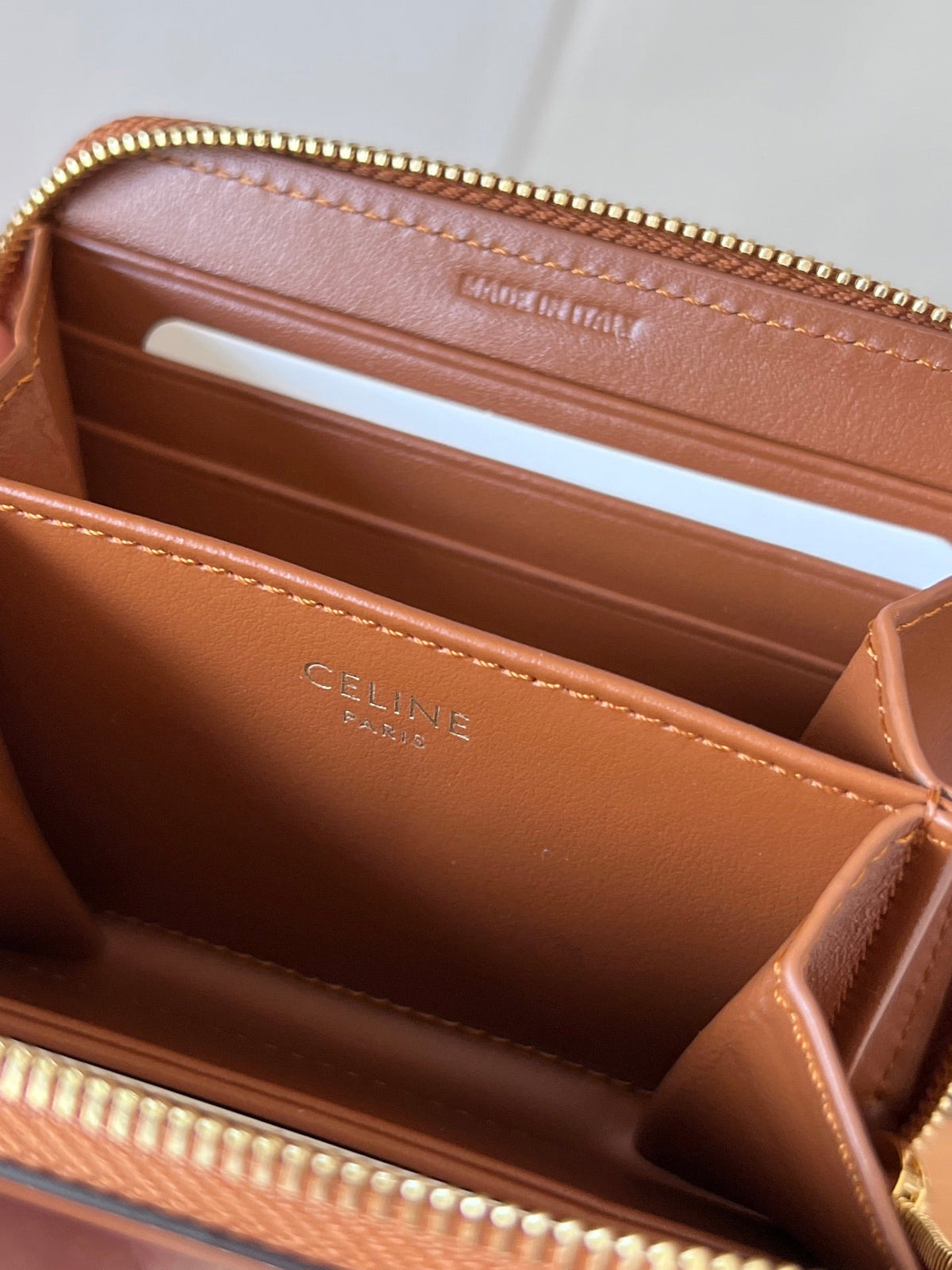 CELINE 25S TRIOMPHE COMPACT ZIPPED WALLET 11 IN BROWN CALFSKIN GOLD HARDWARE
