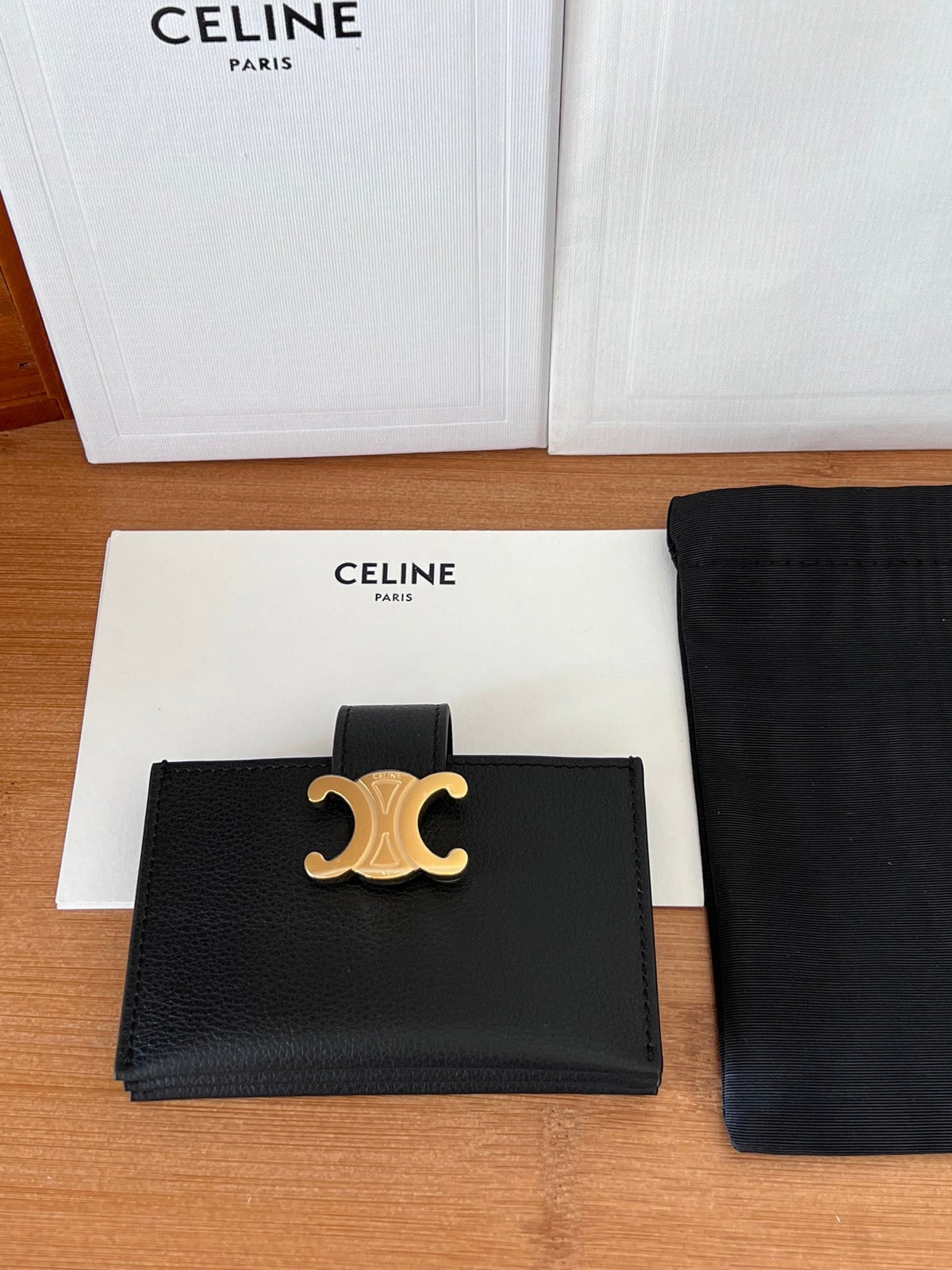 CELINE 25S TRIOMPHE TRIFOLD WALLET 11 IN BLACK CALFSKIN GOLD HARDWARE