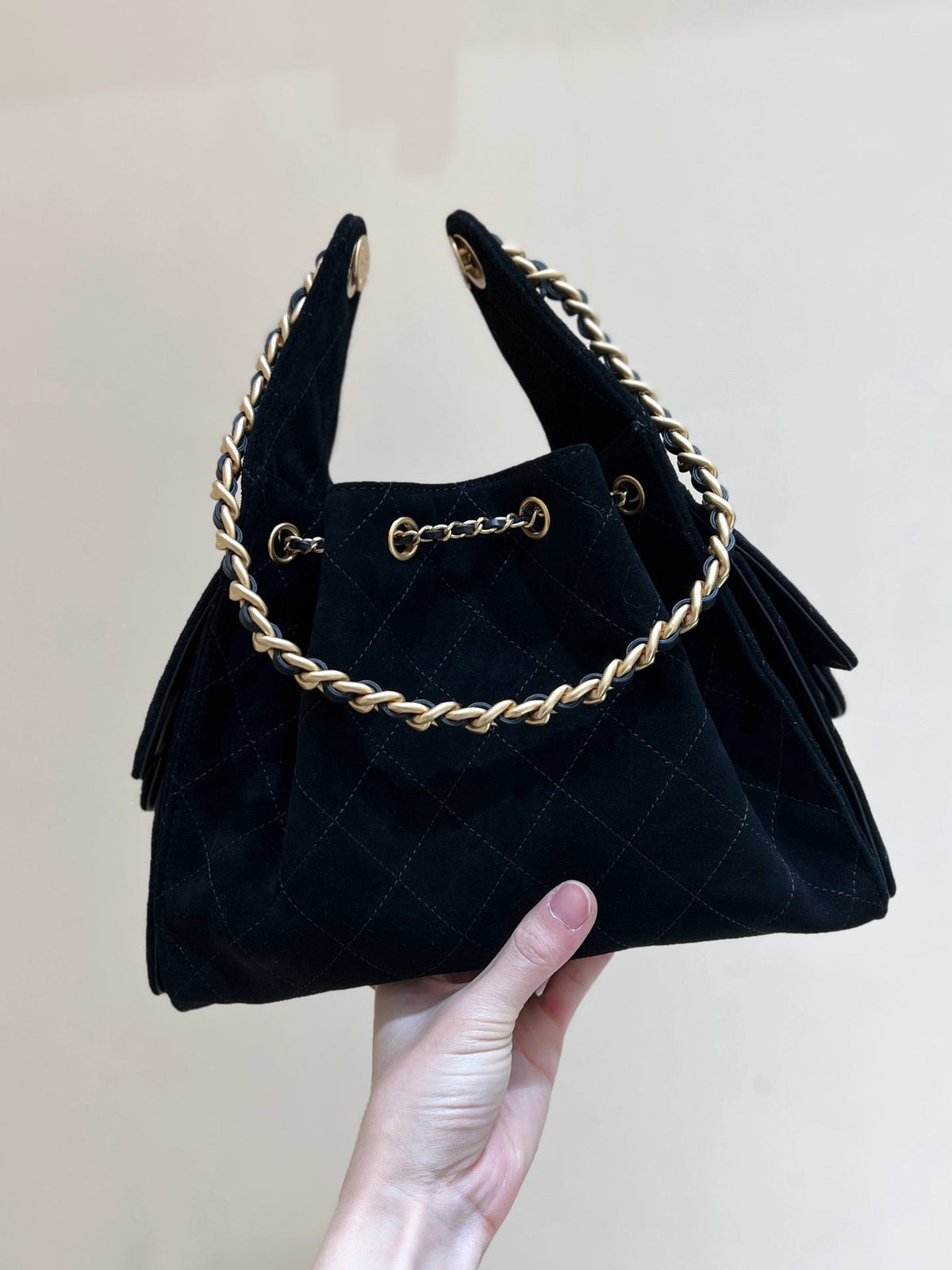 CHANEL 25 HANDBAG 30 IN BLACK SUEDE GOLD HARDWARE